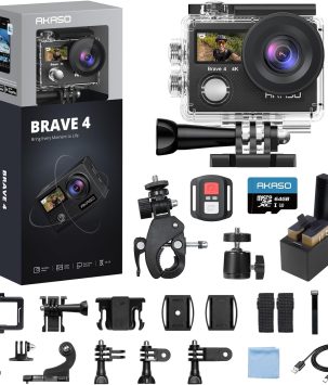 AKASO Brave 4 Action Camera 4K 30fps with 64GB MicroSD U3 Card Bicycle Helmet Accessories Kit Bundle, 20MP Ultra HD 131FT Waterproof Underwater Camera EIS WiFi Remote Control 5X Zoom Sport Cameras