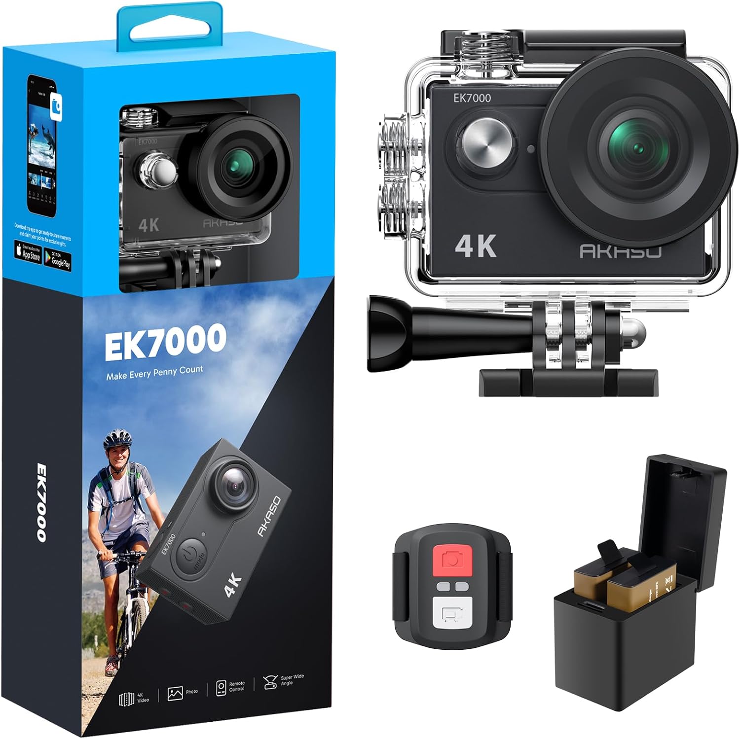AKASO EK7000 4K30FPS 20MP WiFi Action Camera with EIS Ultra HD 131FT Waterproof Underwater Camera Remote Control 4X Zoom Support External Microphone Black