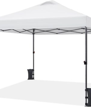 Yaheetech 10x10 Pop up Canopy Tent, Commercial 150D Silver Coated Fabric Outdoor Instant Tent w/Wheeled Bag, 4 Sandbags, 8 Stakes & 4 Ropes for Parties, Camping, Beach, White
